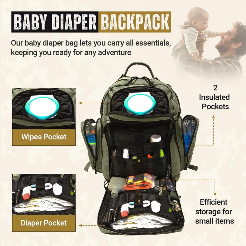 HighSpeedDaddy Ranger Green Diaper Bag Backpack, Unisex, 20-Inch - Image 3